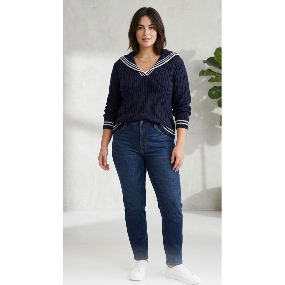Marled Navy Blue Sailor Collar Anchor Cotton Knit Sweater XL NWT